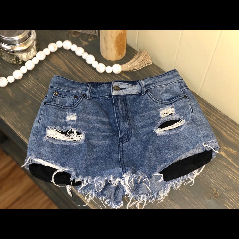LITZ Distressed High-Waisted Blue-Jean Shorts
